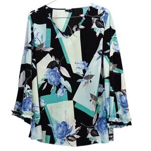 ALFANI Blouse Top 3X V-Neck Ruffle Sleeves Bright‎ Floral Black Green Blue Roses